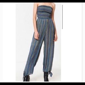 Urban Outfitters blue and teal striped strapless jumpsuit